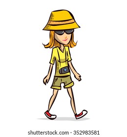 Young woman tourist with the camera walks. Hand drawn cartoon vector illustration
