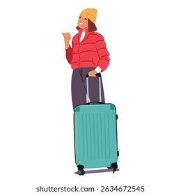 Young woman tourist cartoon character wearing warm winter clothing with luggage bag ready for travel at mountain ski resort on vacation holidays vector illustration isolated on white background