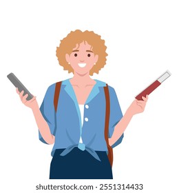 Jovem mulher Personagem Turístico com Saco segurando Smartphone e passaporte. Ilustração de vetor plano isolada no plano de fundo branco