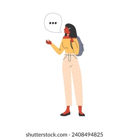Young woman tourist or female student with a backpack, vector illustration in cartoon flat style, isolated on white background. Girl speaks, dialogue sign or direct speech.