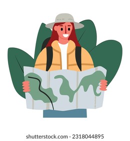 Young woman tourist looking at map planning trip. Happy girl backpacker finding route on paper map. Travel and adventure concept. Flat vector illustration.