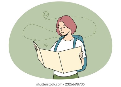 Mujer joven turista mirando el viaje de planificación de mapas. Feliz mochilero encontrando ruta en el mapa de papel. Concepto de viajes y aventura. Ilustración vectorial plana.