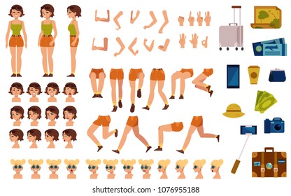 Young woman tourist with silver travel suitcase, plastic bag creation, animation set. Various face emotions, leg, arm body position. Vector cartoon illustration