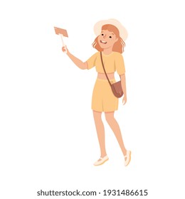 Young Woman Tourist Visiting Sights and Making Selfie, People Visiting New Countries and Travelling on Summer Vacation Cartoon Vector Illustration