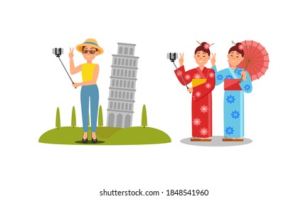 Young Woman Tourists Holding Selfie Stick and Taking Photo Vector Illustration Set