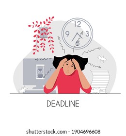 Young woman with tousled hair and circles under her eyes has her mouth open in amazement. Concept of pressure, stress and fatigue at work due to deadline and lack of time. Stock vector flat illustration isolated on white.