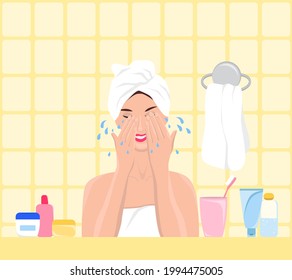 Young woman with towel around her head washes her face in bathroom. A girl cleaning face with water. Vector illustration of skin care concept.