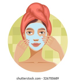 Young woman with a towel around her head puts a mask on her face, vector image, eps10