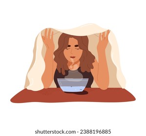 Young woman with towel doing steam inhalation above bowl with hot water. Flat vector illustration isolated on white background