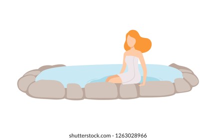Young woman in a towel enjoying outdoor thermal spring, spa procedure vector Illustration on a white background