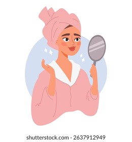 Young woman with towel on head looking in mirror after skincare. Concept of skincare, beauty transformation, and cosmetic results