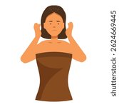 Young woman with towel on her shoulders touching her hair suffering from dandruff