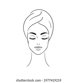 Young Woman in a towel on her head.   Hand drawn beautiful woman portrait. Sketch. Vector illustration. Spa beauty concept. Line girl isolated on a white background.