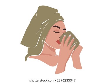 Mujer joven con una toalla en la cabeza bebiendo café. Ilustración vectorial moderna. Cercar el Hermoso Retrato Chica. Rutina matutina.