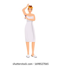Young woman in towel shaving armpits flat color vector faceless character. Morning hygiene routine, depilation isolated cartoon illustration for web graphic design and animation. Girl remove body hair