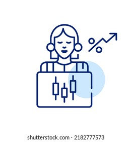 Young woman trading and investing on stock market on her laptop. Pixel perfect, editable stroke line art icon
