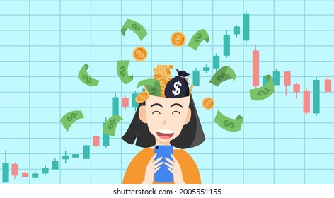 Young woman trading stocks market on smartphone get profits,Candlestick graph buy and sell sign, young girl  investing concepts,internet earning cash study, winning plenty of money, vector 