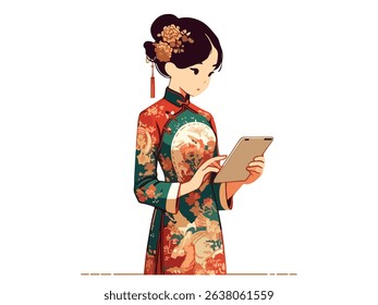 Young woman in traditional colorful dress using a tablet, showcasing modern technology while embodying cultural heritage and elegance in a serene atmosphere