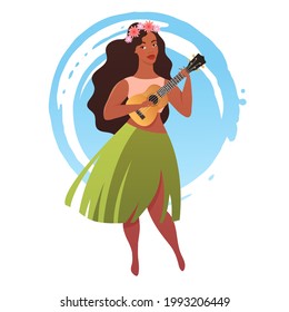 Young woman in traditional hawaiian skirt with ukulele guitar. Vector illustration isolated on white background