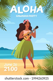 Young Woman In Traditional Hawaiian Skirt Dancing Hula Dance With Ukulele Guitar. Aloha Hawaii Flyer Template, Tropical Beach Party