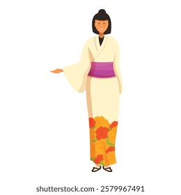 Young woman in traditional japanese clothing is gesturing towards the viewer