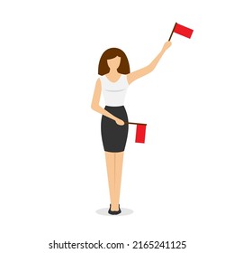 Young woman traffic controller holding flags and showing right way signals. Vector eps isolated illustration
