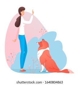 Young woman trainer give command dog to sit. Girl hid treats behind back. Pet owner training puppy in park. Outdoor recreation with human best friend, playing together. Vector illustration