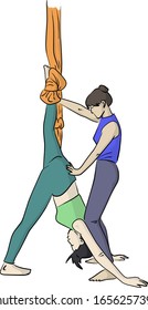 young woman trainer teaching beautiful girl doing aerial yoga vector illustration sketch doodle hand drawn isolated on white background