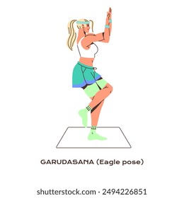 Young woman training balance in eagle pose. Athlete practices yoga posture, sport exercise during workout. Tutorial of garudasana side view. Flat isolated vector illustration on white background