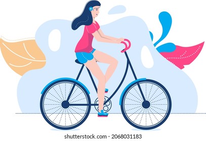 Young woman training bicycle, outdoor park physical activity, character female healthy body workout cartoon vector illustration, isolated on white.