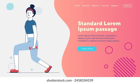 Young woman training body with dumbbells. Female character doing lunges flat vector illustration. Bodybuilding, fitness, training concept for banner, website design or landing web page