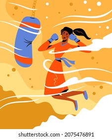 Young woman training box vector cartoon illustration. Boxer or kickboxer boxing, punching bag. girl power concept. Woman in boxing gloves doing fitness workout.