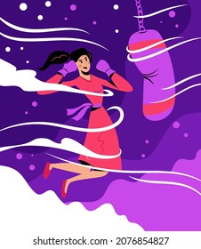 Young woman training box vector cartoon illustration. Boxer or kickboxer boxing, punching bag. girl power concept. Woman in boxing gloves doing fitness workout.