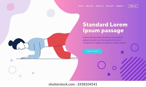 Young woman training with fitness ball. Female character doing plank exercise with Swiss ball flat vector illustration. Fitness club, workout concept for banner, website design or landing web page