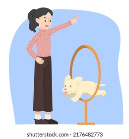 Young Woman Training Golden Retriever Puppy To Jump Through Circus Loop Vector