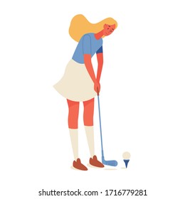 Young woman training golf course. Flat illustration with one female character with long hair in summer clothes