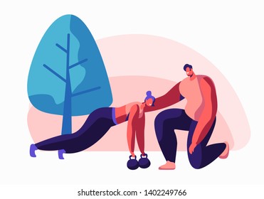 Young Woman Training in Gym with Coach Help. Female Character Doing Push Up Workout with Dumbbells. Outdoors Training, Exercises, Sport Activity, Healthy Lifestyle. Cartoon Flat Vector Illustration