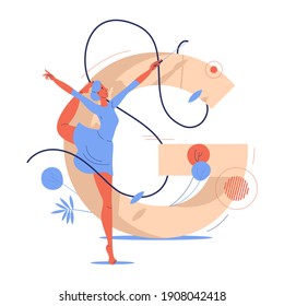 Young woman training gymnastics with ribbon. Large letter G and female character drawn in blue and orange. Healthy lifestyle and beauty concept drawn in cartoon style
