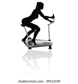 Young woman training on exercise bike - vector illustration