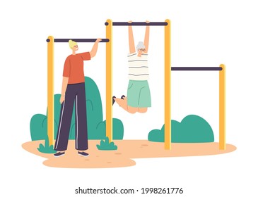 Young Woman Training Senior Female Character Exercising on Horizontal Bar, Pensioner Doing Exercises, Outdoor Activity, Sport, Old Mother and Daughter Healthy Life. Cartoon People Vector Illustration