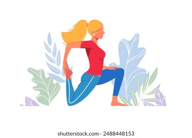 Young woman in training stretching. Warm-up before the main action. Vector illustration.