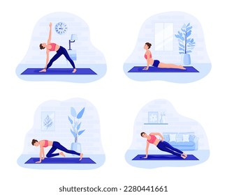 Young woman training yoga at home. Sporty girl doing stretching exercises. Sport and fitness indoor concept. Elastic band, arm sport mat. Healthy exercises isolated print icons. Vector illustration