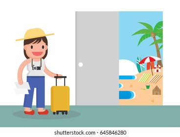 young woman with travel bag and map traveling. Vector
