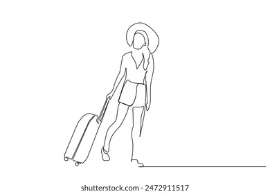 Junge Frau Reisetasche Koffer Sommerurlaub Leben One Line Art Design Vektorgrafik