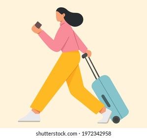 Young woman with travel suitcase and passport hurry to the plane. Business trip, summer vacation, recreation or tourism concept. Flat vector illustration.