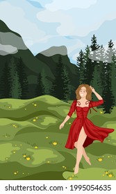 Young woman traveler and hiker looks on summer mountains landscape background. Scenes with people walking alone, enjoy scenic nature views.