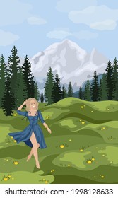 Young woman traveler and hiker looks on summer mountains landscape background. Concept of freedom, relax and inspirational lifestyle