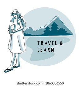 Young woman traveler holding map with backpack and enjoying at amazing mountains and forest. Concept wanderlust travel. Vector illustration.