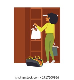 Young woman traveler unpacking her suitcases into wardrobe, flat vector illustration isolated on white background. Hostel or hotel room furnishing and service.