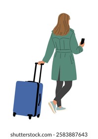 Young woman traveler walking with suitcase and mobile phone rear view. Colorful flat vector illustration isolated on white background